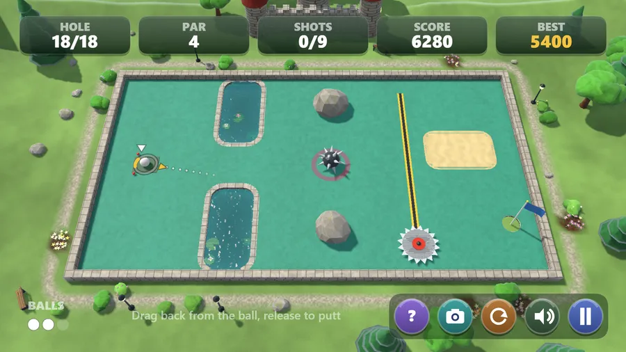 Hole 18/18, par 4: two ponds, two boulders, a spiked mine, a swinging saw blade and sand between the ball and the cup