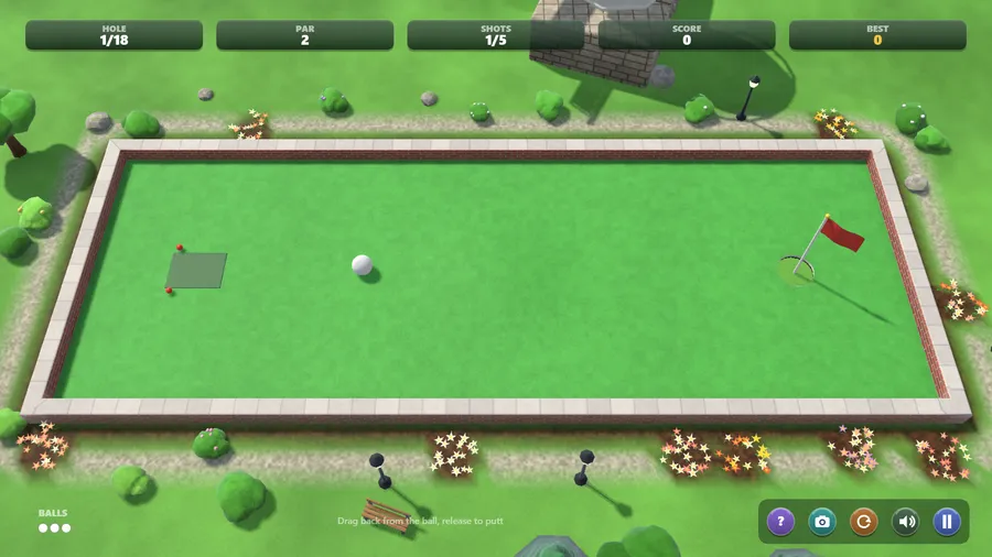 A putt in motion on hole 1: the ball rolls across the green toward the red flag after a drag-back shot.