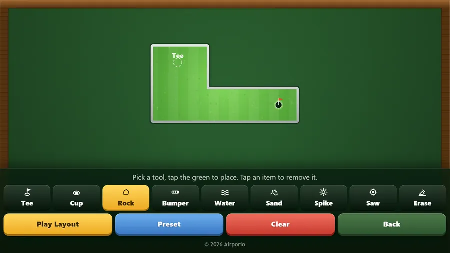 Course Editor: an L-shaped green with a tee and a cup, above tools for Tee, Cup, Rock, Bumper, Water, Sand, Spike and Saw
