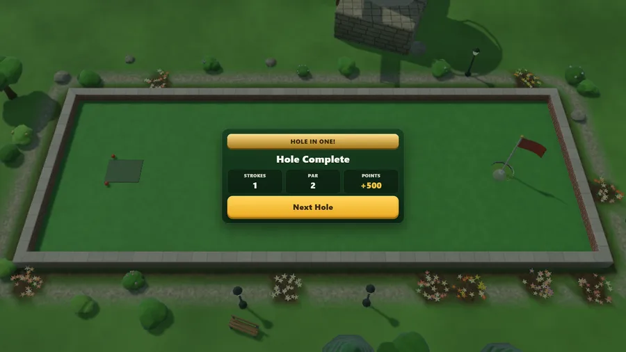 The "Hole Complete" card after a hole in one: 1 stroke on par 2 for +500 points, with a Next Hole button.