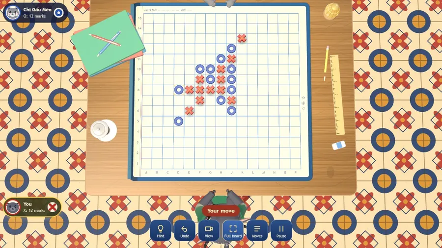 Mid-game on the notebook board: several diagonal and vertical lines of X and O marks are in play.