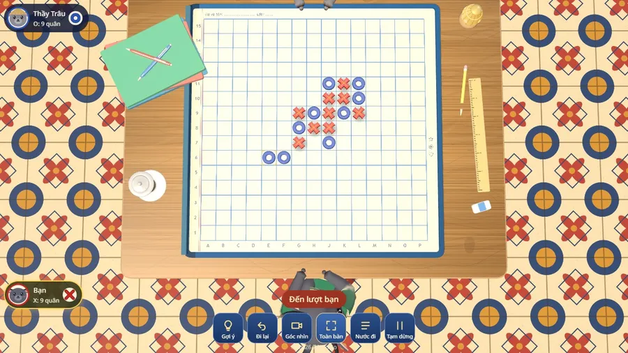 The same board in Vietnamese: the buttons and status read Gợi ý, Đi lại and Đến lượt bạn, against Thầy Trâu the buffalo.