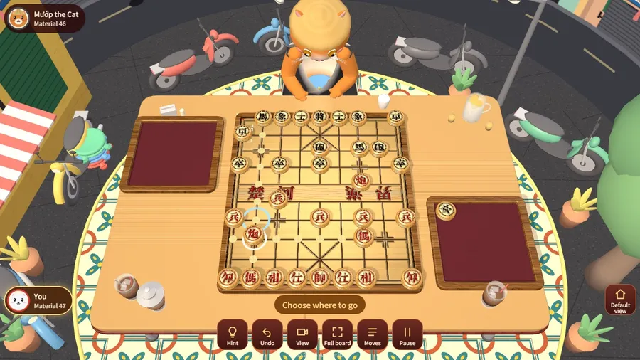 Early in a game as Red: a cannon selected with dots for its moves, the cat opponent seated across the board.