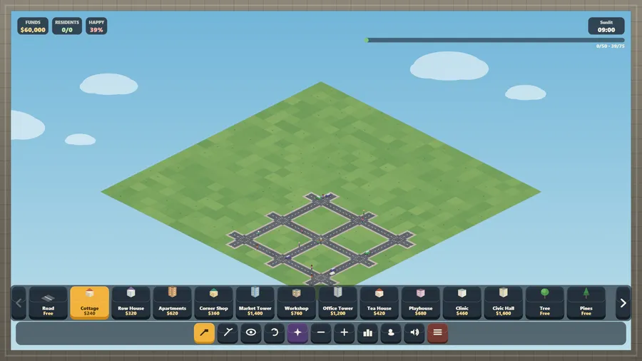 A fresh plot with the first roads laid in a crossing pattern and cars driving, funds at $60,000 and the build bar below.