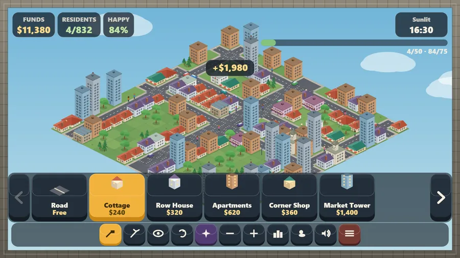 A daytime isometric town of houses and towers, funds $11,380, happy 84%, a +$1,980 tax popup and a priced building palette