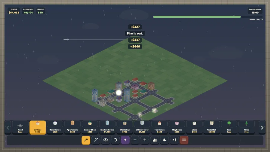 A young town at dusk in the rain, with 40 residents, 84 percent happiness and income popups after a fire is put out.