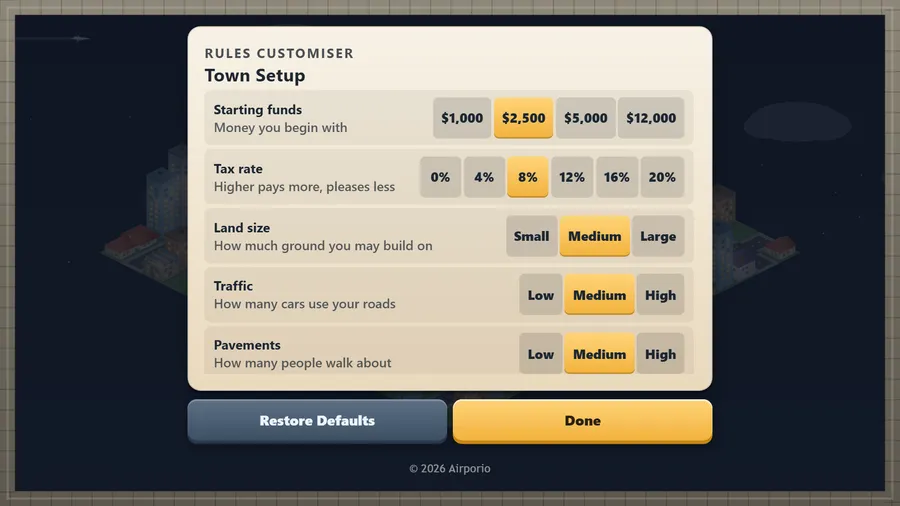 Town Setup: starting funds $2,500, tax rate 8%, land size Medium and traffic Medium selected, with Restore Defaults and Done