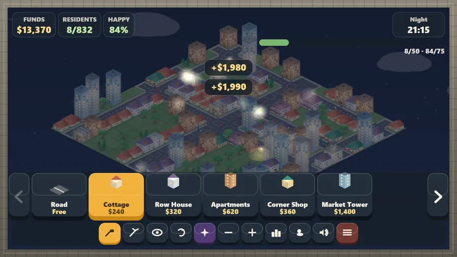 The same town at night with glowing street lamps and lit windows among dark towers.