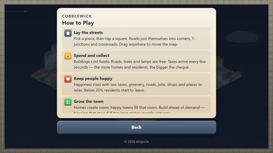 How to Play panel with Lay the streets, Spend and collect and Keep people happy, each with a short explanation
