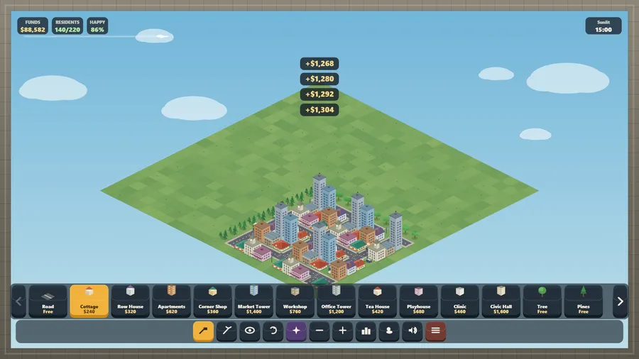 A grown town on a daytime plot, with towers and rows of colourful houses, 140 of 220 homes filled and funds near $89,000.