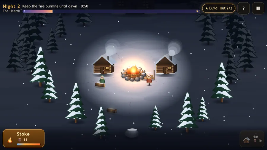 Night 2 at the hearth: a stone-ringed campfire, two snowy log huts and villagers carrying wood, with the Stoke button