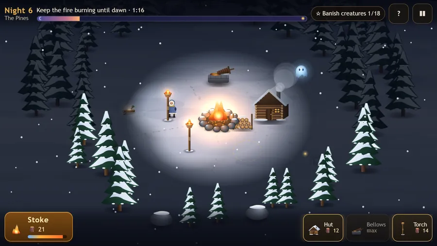 Night 6 in the pines: two torches, a hut and bellows around the fire while a frost wisp drifts in from the dark