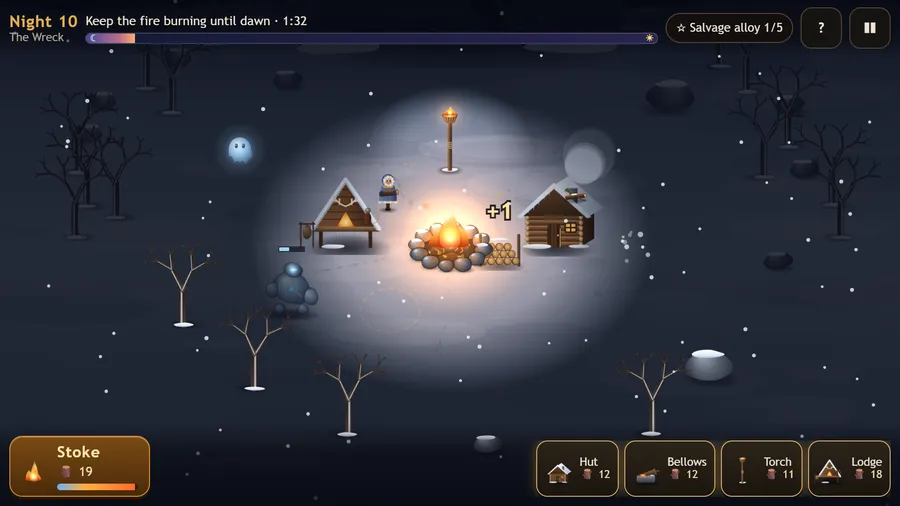 Night 10 at the wreck: a hunter's lodge, hut and torch around the fire as a rime golem and a wisp close in