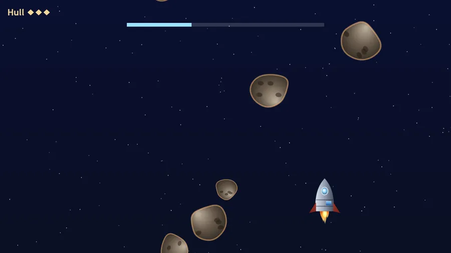 The climb: a patched silver ship dodges tumbling rocks in a starry sky, with three hull pips and a height bar