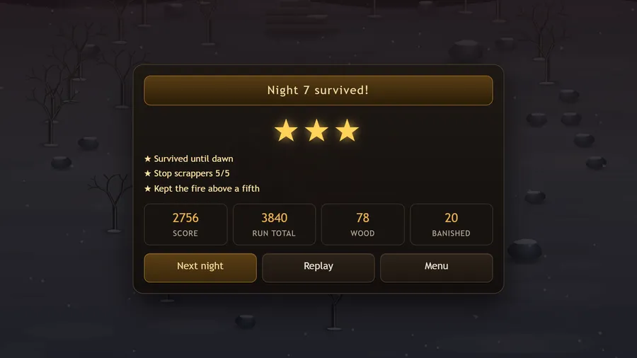Night 7 survived with three gold stars, score 2756, run total 3840, 78 wood and 20 banished, and a Next night button