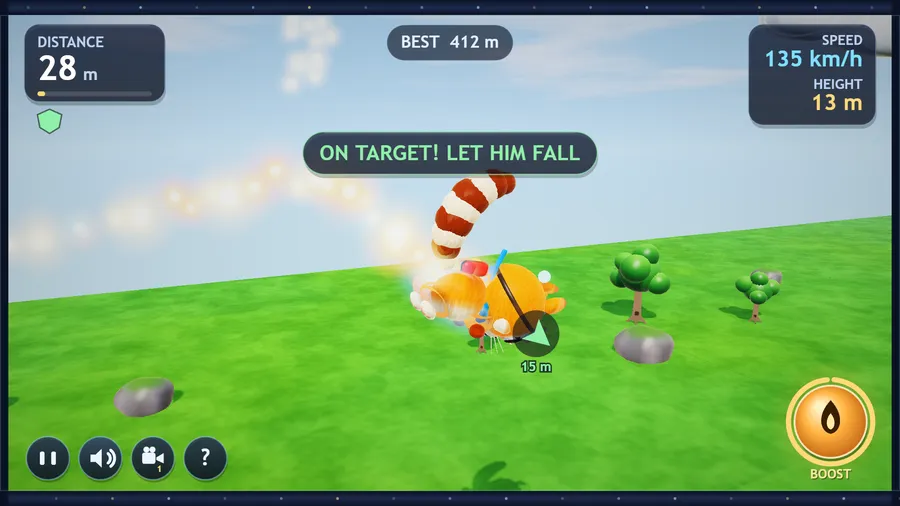 Comet the ringtail glides low over the meadow behind a glowing comet tail, under the hint ON TARGET! LET HIM FALL