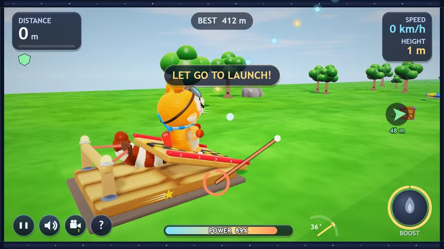 Comet crouches on the launch ramp with the sling drawn back, power at 89% and LET GO TO LAUNCH! over the meadow