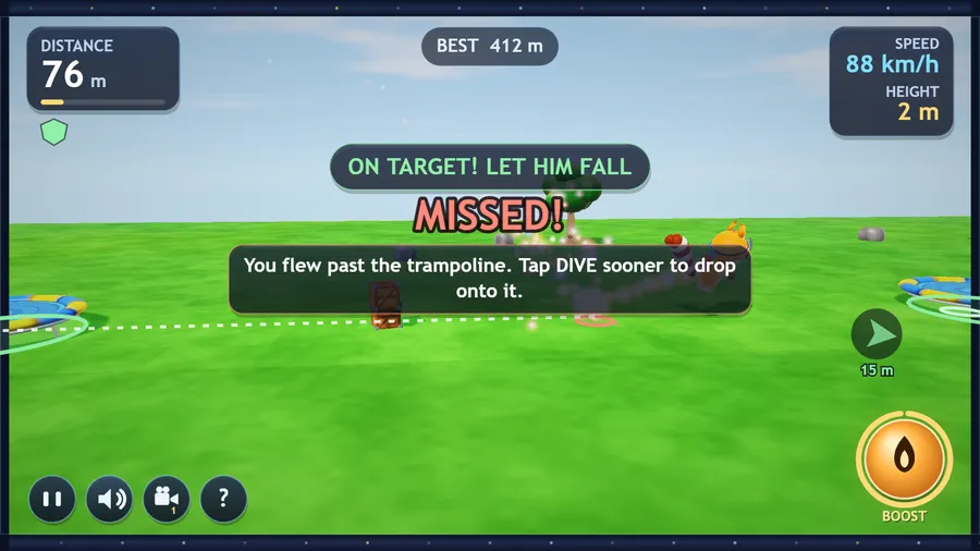 MISSED! The caption says to dive sooner, with a green ring and a glowing ghost Comet on the trampoline he flew past