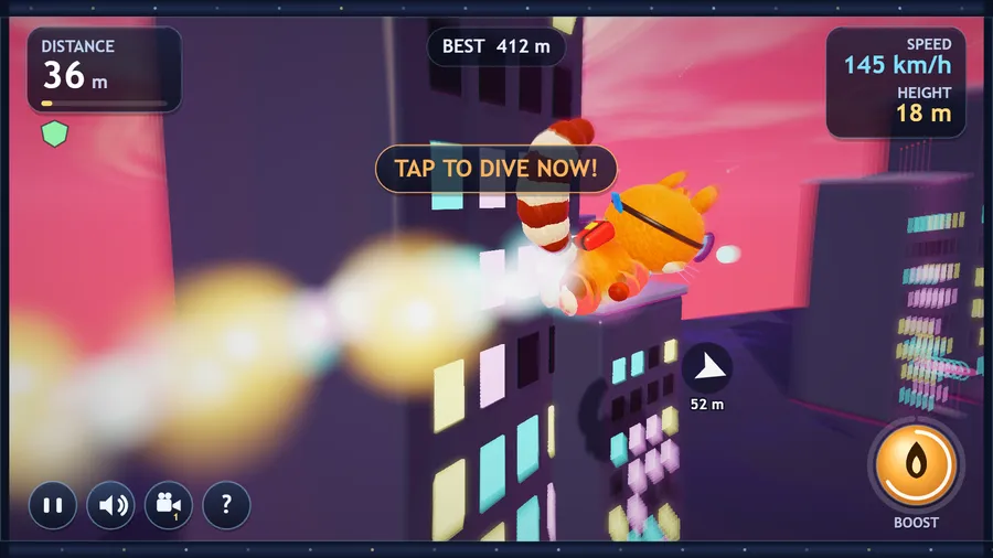 Comet rockets over the neon city at dusk, goggles down and flame trailing, high above the glowing towers