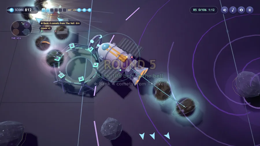 Round 5 begins at the corral in the Veil: bank 106 before the bell, the tug towing two comets past the pen.