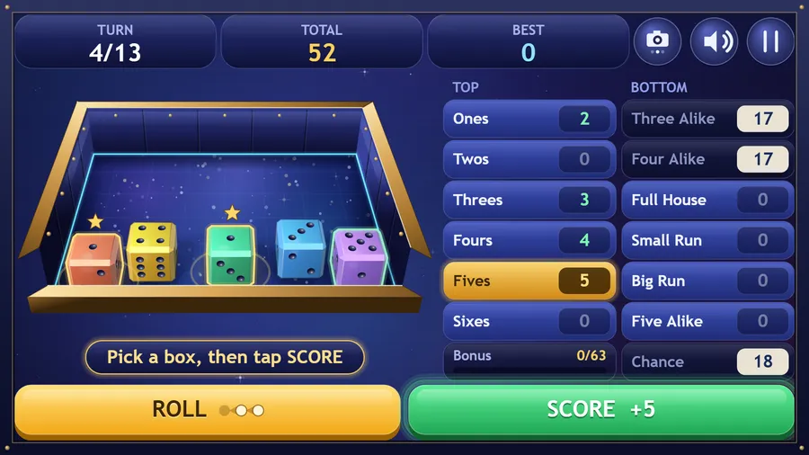 Turn 4/13 low at the tray: the cubes standing up with their sides showing, two kept, total 52, Fives selected for 5