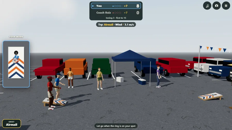 The tailgate lot from the side: both players by the near board, the far board at right, trucks and a canopy behind.