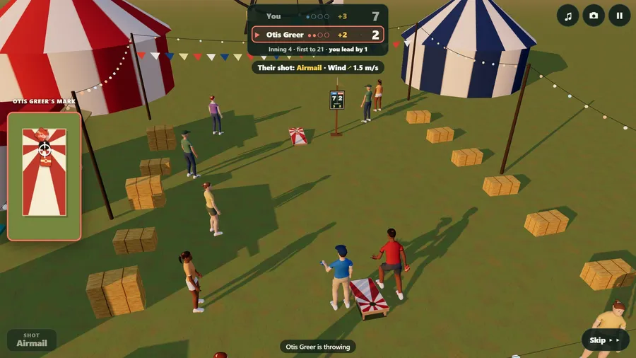 The county fair at dusk from high up: the opponent in red tosses down a lane of hay bales toward the far board.
