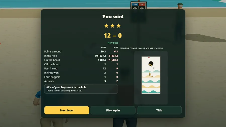 The results sheet: You win 12 to 0 with three stars, both players' numbers and a board dotted where your bags landed.