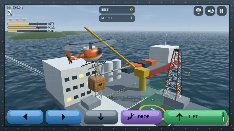 Chase view from behind the helicopter as it swings a crate past the accommodation block toward the helideck