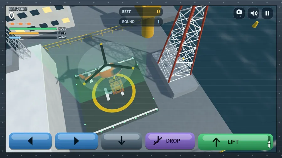Sling view looking down the cable as a crate is set down inside the yellow circle of the green helideck