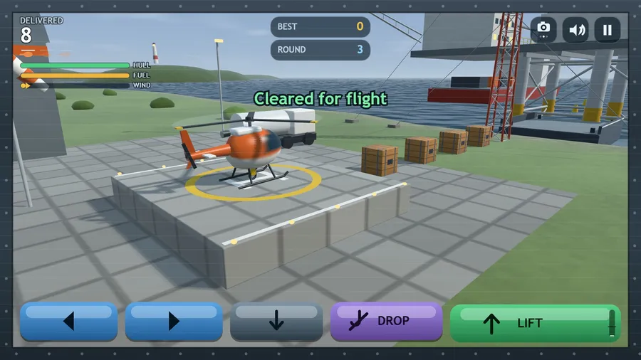 Round 3 with eight delivered: the helicopter on its home pad, crates waiting in a row on the shore beside it