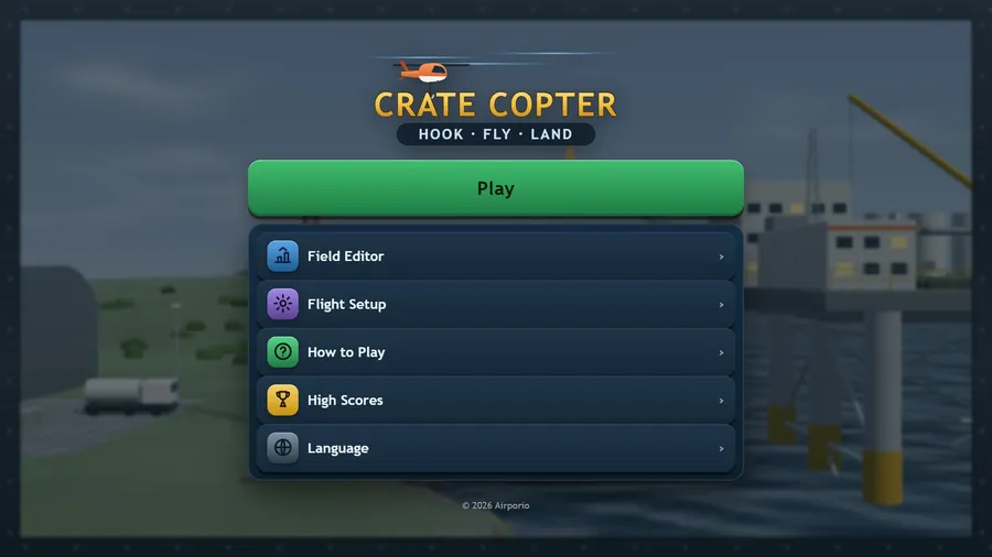 Title menu over the coast: Hook · Fly · Land, a green Play button, then Field Editor, Flight Setup and How to Play