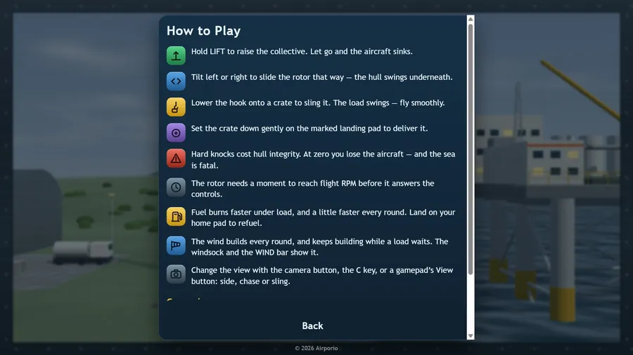 How to Play: nine rules, including fuel, the building wind and the three camera views, above a Back button