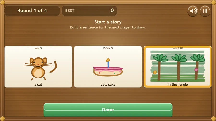 Round 1 of 4, Start a story: three cards read a cat, eats cake and in the jungle, above a green Done button