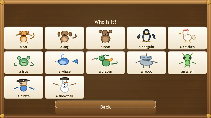 The Who is it? picker: twelve drawn cards from a cat, a dog and a bear to a pirate and a snowman, above a Back button