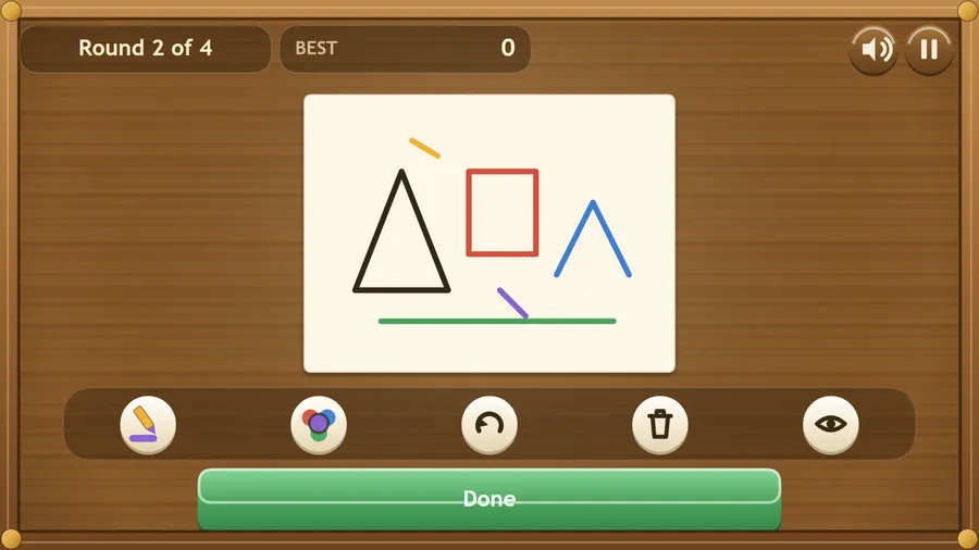 Round 2 of 4 drawing: a black triangle, a red square, a blue peak and a green line on paper above a row of drawing tools