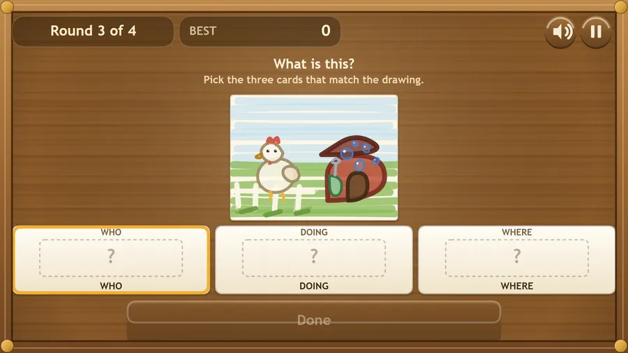 Round 3 of 4, What is this?: a drawing of a chicken and an ice cream on a sailboat above empty Who, Doing and Where slots