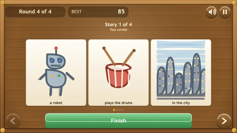 Story 1 of 4, You wrote: the cards a robot, plays the drums and in the city, best score 85, with a Finish button