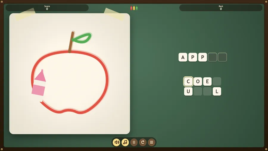 A red apple being drawn on taped paper beside letter tiles: A, P and P in five blanks above spare C, O, E, U and L