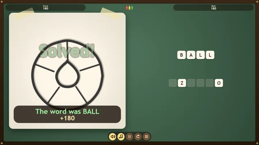 A drawn life ring under the word Solved!, captioned The word was BALL +180; score and best both 180