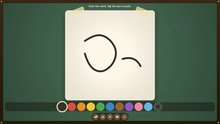 Sketch Pad: a black crayon curve on taped paper above ten colours and brush, eraser, clear, peek and done buttons