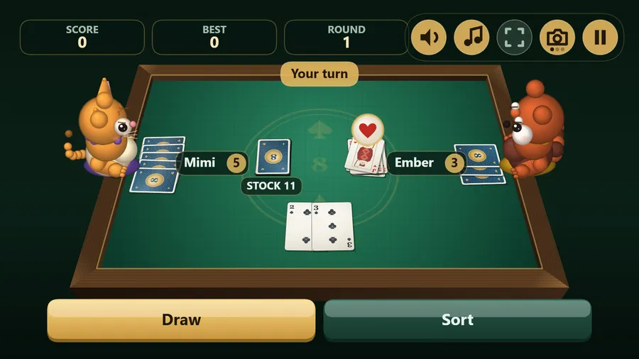 Taro the shiba and Ember each down to one card; your two flat cards lie on the felt, clubs on the pile, Draw and Sort