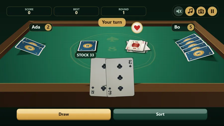 Seat camera low behind your hand: two big clubs, Ada on 2 cards and Bo on 5, stock 33, hearts named on the pile