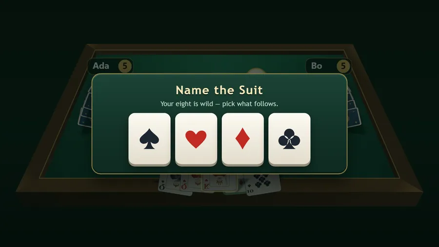 The Name the Suit panel offering spades, hearts, diamonds and clubs, over a table where Ada and Bo hold 5 cards each