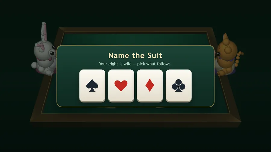 Name the Suit panel after a wild eight: spade, heart, diamond and club choices, with two cuddly animals at the table