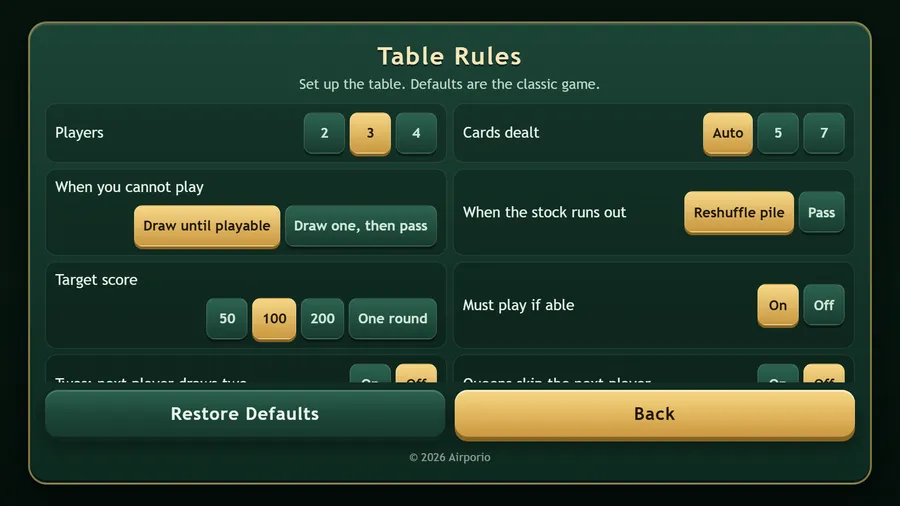 Table Rules panel: players 3, cards dealt Auto, draw until playable, reshuffle pile, target 100, Restore Defaults, Back