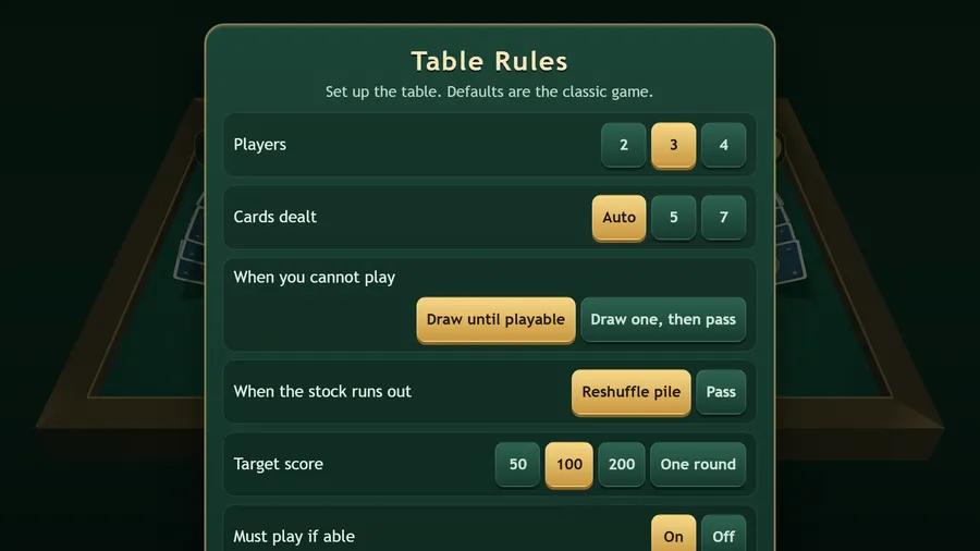 Table Rules panel: 3 players, cards dealt Auto, draw until playable, reshuffle pile, target 100, Restore Defaults and Back