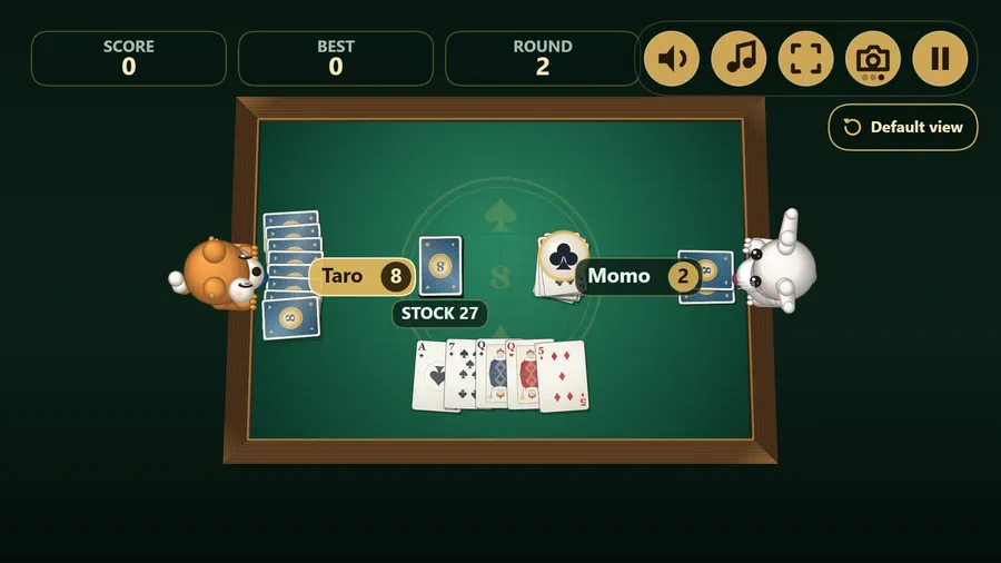 Overhead view of the felt: Momo the bunny holds 4 cards, Bao the bear 1, stock 33, diamonds on the pile, an eight in front