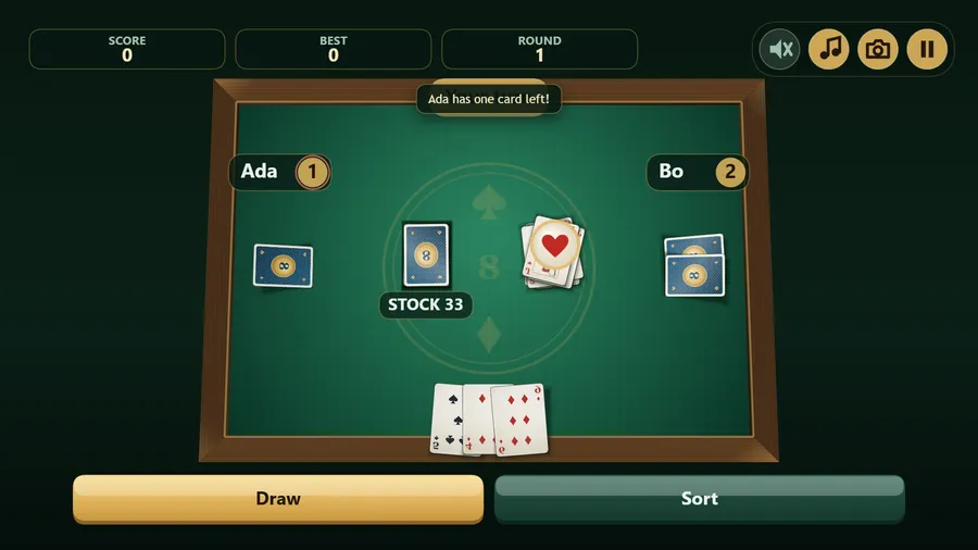 Overhead camera straight down on the felt: Ada on 1 card, Bo on 2, stock 33, hearts on the pile, and Ada has one card left!