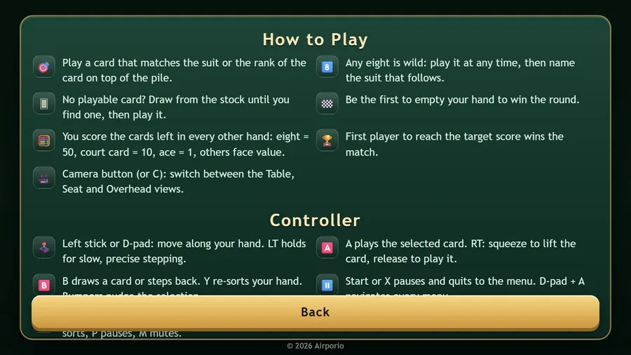 How to Play panel: rules on matching suit or rank, wild eights, scoring and camera, then Controller help and a Back button